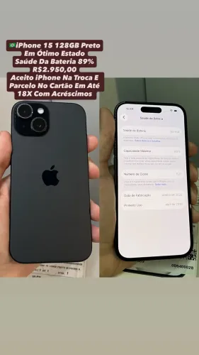 iPhone 15 128GB Preto - Saúde Da Bateria 89% - Usado