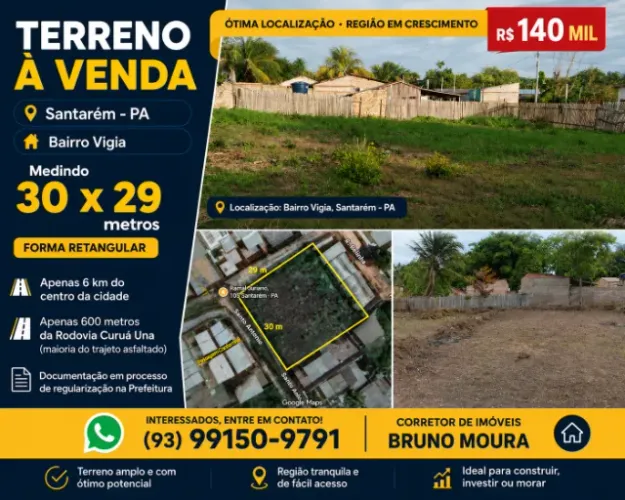 Terreno amplo (30m x 29 m) de esquina no Bairro Vigia. 