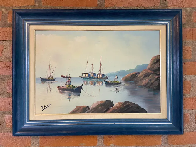 Quadro Pintura Óleo Sobre Tela "Cena de Pesca" - Assinado P. Soares