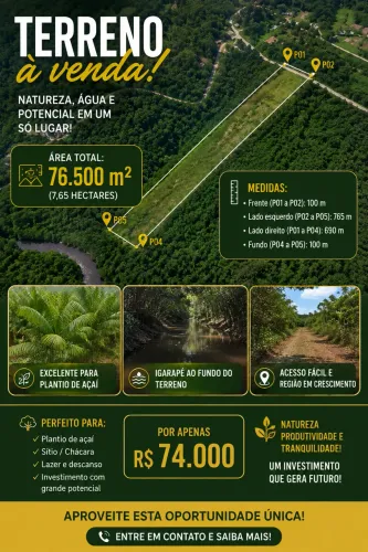 VENDO TERRENO C/ IGARAPÉ, DOCUMENTADO, NA VILA MURUTINGA (ZONA RURAL DE ABAETETUBA)