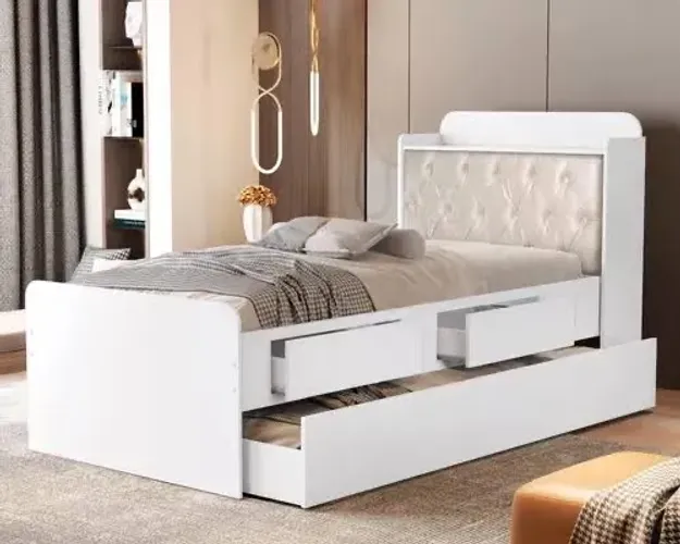 Cama solteiro com auxiliar baú e gavetas Thamiris - FRETE GRÁTIS 