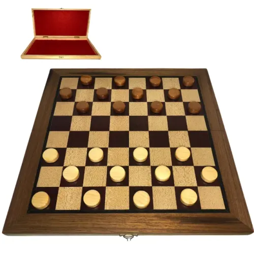 Jogo de Damas - Tabuleiro Dobrável Marchetado com 24 Peças de Damas em Madeira Maciça