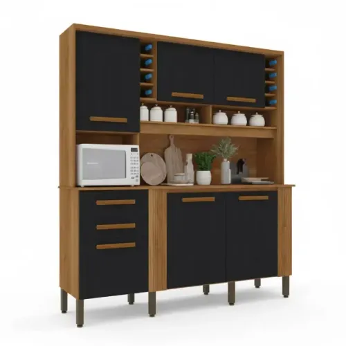 Armário Cozinha Catar Cinamomo/Preto 6 Portas 2 Gavetas Sallêto - Entrega Rápida! 