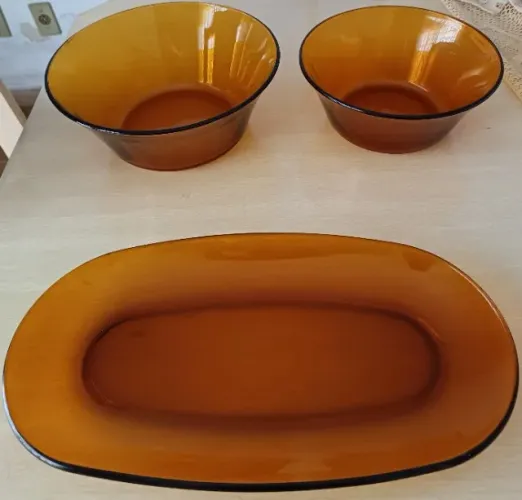 Kit com 2 Tijelas e 1 Saladeira Travessa Duralex Âmbar Marrom Anos 80 Antigo