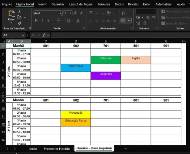Planilha de Horário Escolar Compatível com Excel