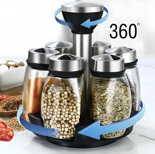 Kit Porta Condimentos 6 Peças Para Cozinha Base Giratória