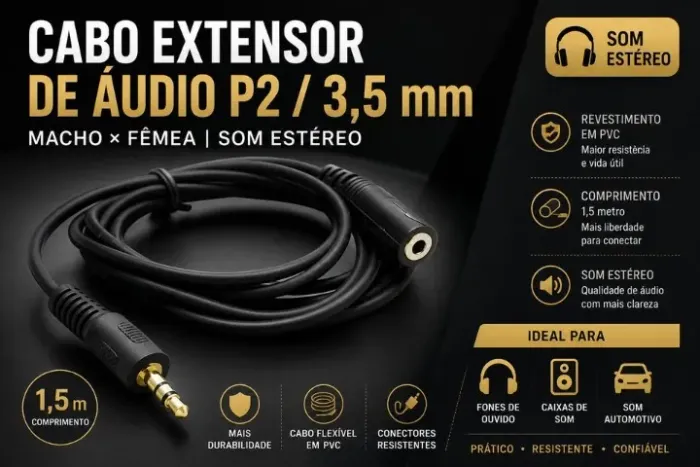 Cabo extensor de 1,5 m de áudio P2 / 3,5 mm (macho × fêmea) p/ fone de ouvido (preto) som