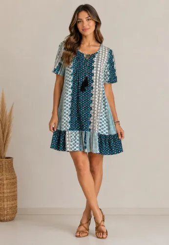 Vestido tam PP / P branco estampa em tons de azul Zara