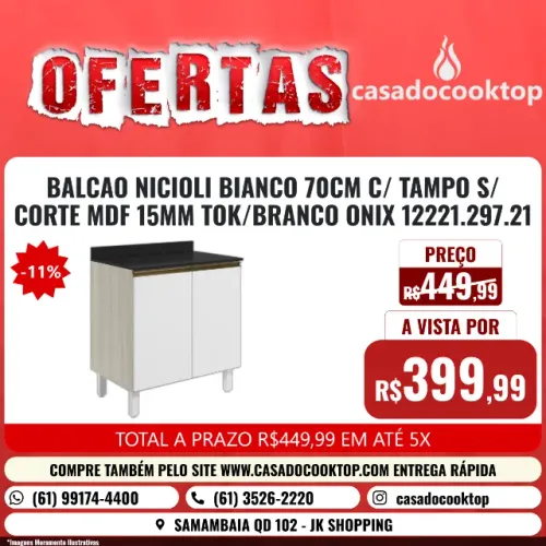BALCAO NICIOLI BIANCO 70CM C/ TAMPO S/ CORTE MDF 15MM TOK/BRANCO ONIX 12221.297.21