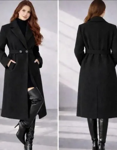 SOBRETUDO PRETO LONGO ELEGANTE COM CINTURA MARCADA