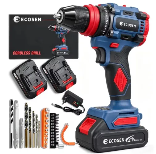 Parafusadeira e Furadeira Sem Fio Ecosen 21V - Kit Completo com 2 Baterias