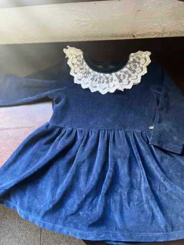 Vestido veludo azul marinho com babados para bebê menina de 9-12meses