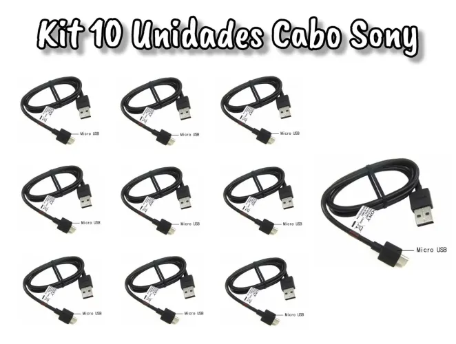 Kit 10 Unidades Cabo V8 Sony, Cabo Original carrega Controle de PS4 e Celular