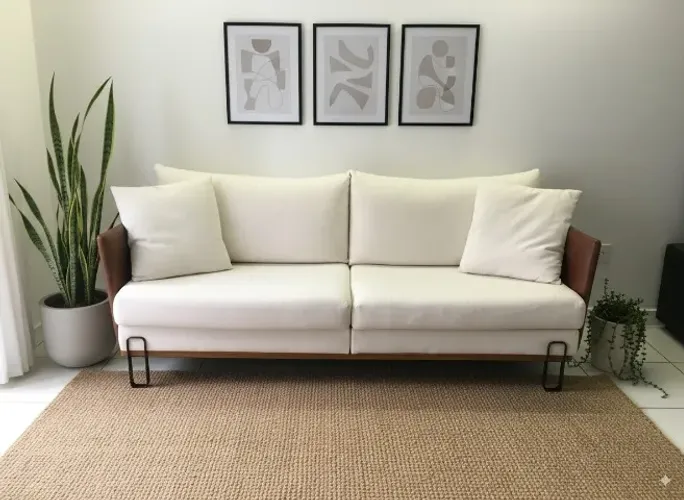 Sofá 3 lugares em linho cru com braços em couro marrom - design moderno e elegante