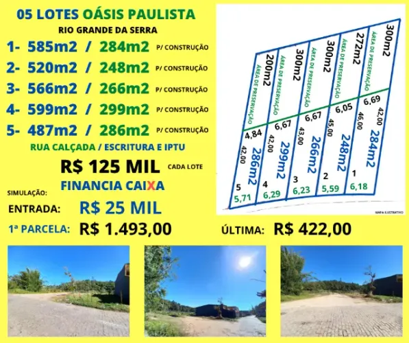 05 Lotes Plano 487m2 a 599m2 rua calçada Oásis Paulista Rio Gde da Serra Financia Caixa