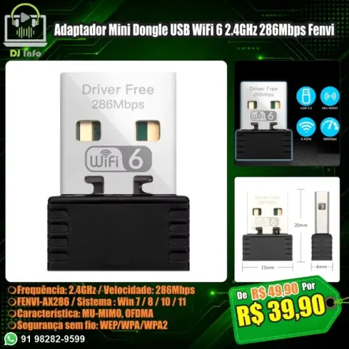 Adaptador Mini Dongle USB WiFi 6 2.4GHz 286Mbps Fenvi