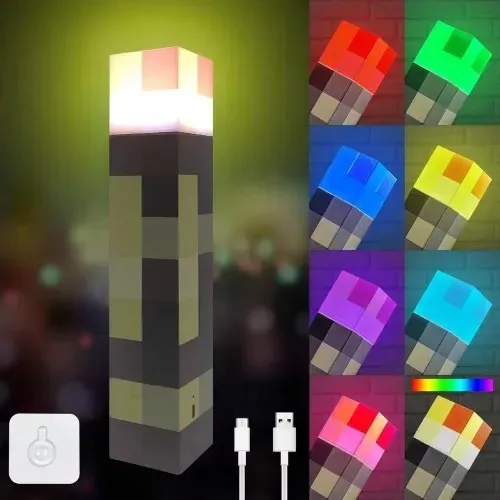 Luminária Tocha Minecraft 7 Cores Recarregável Decoração Geek Gamer Infantil Abajur
