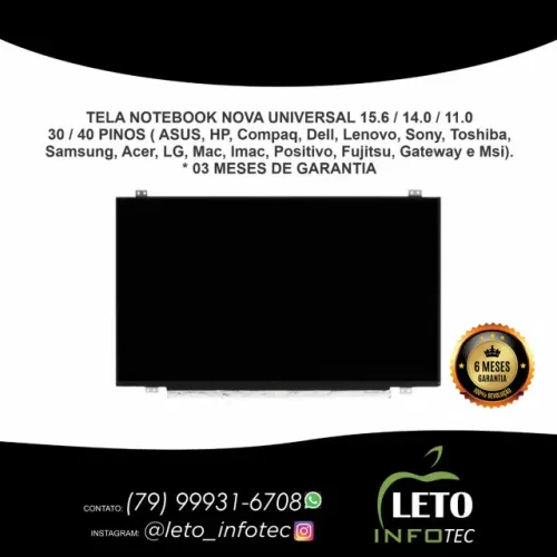 Tela notebook Nova Original slim 15.6 14.0  30  40 Fonte carregador Asus Hp Compaq Dell Le
