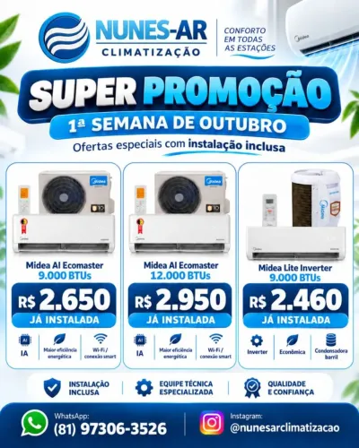 Ar-Condicionado Midea Inverter 9.000 e 12.000 BTUs Já Instalado