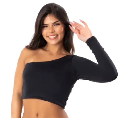 Cropped preto de suplex ombro só manga longa