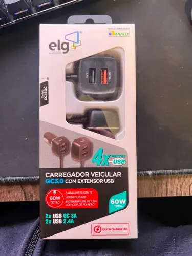Carregador Veicular ELG de 60W com 4 Portas USB para Passageiros Traseiros