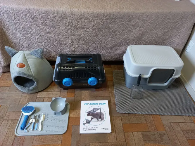 Acessórios pet _ gato: caixa de transporte, de areia, tapete, toca, porta...ver descrição