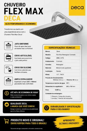 CHUVEIRO DECA FLEX MAX RETANGULAR CROMADO ORIGINAL /NOVO/ PRONTA ENTREGA