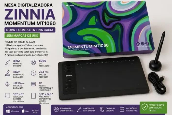 Mesa Digitalizadora Zinnia Momentum MT1060 - Nova, Completa e Sem Marcas de Uso