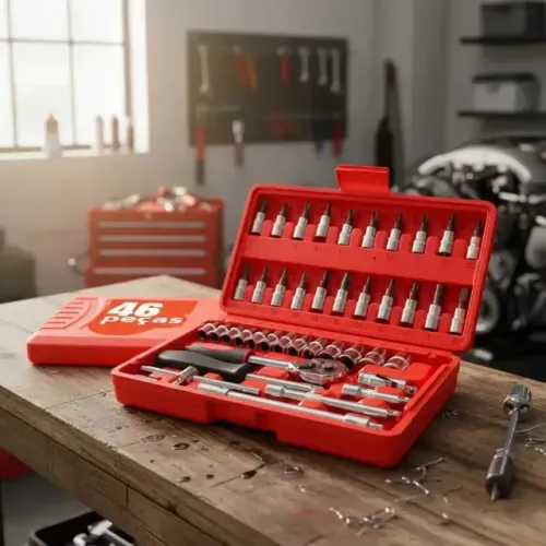 Kit Profissional 46 Peças Aço CRV Completo Com Maleta Soquete 1/4 Chave Catraca Para Carro