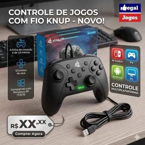 Super Controle Gamer Knup Nintendo Switch, PlayStation 3 e Pc Windows 