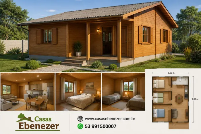Casa em Madeira 6x9 - 3 Quartos + Sala + Cozinha e Banheiro - Construção em todo RS