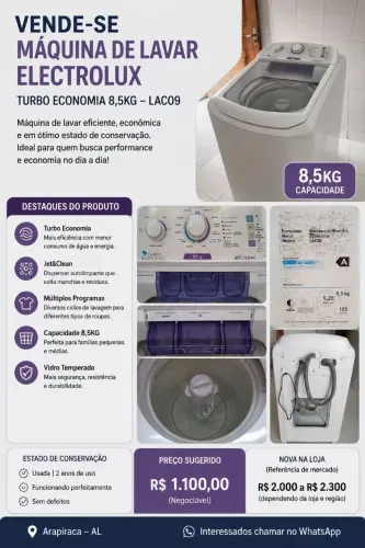 Máquina de Lavar Electrolux 8,5kg LAC09 - Excelente Estado