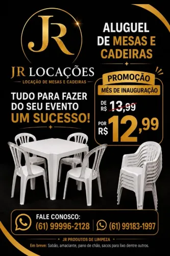 Aluguel de mesas, cadeiras, e artigos de decoração.