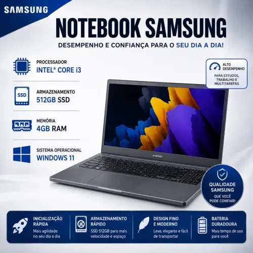 Notebook Samsung Book Intel Core i3 4GB RAM 512GB SSD Tela HD 15,6" Windows 11