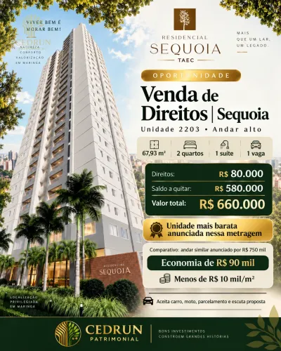 Venda de direitos no Residencial Sequoia em Maringá, 67 m², 2 quartos, andar alto e entreg