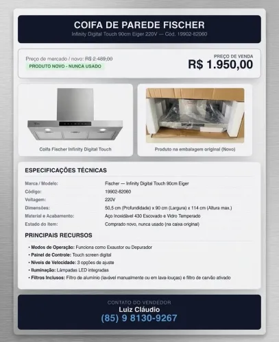  COIFA DE PAREDE INFINITY 90cm PARA COZINHA