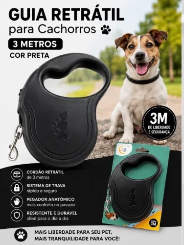 Guia retrátil 3 metros para Cães e Gatos com trava