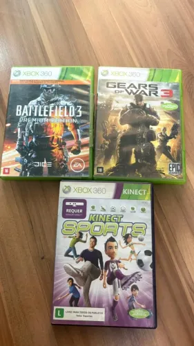 lote 3 jogos originais completos xbox 360 battlefield 3 gears war 3 kinect sports