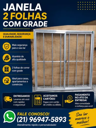 Janela duas folhas com grade alumínio comum