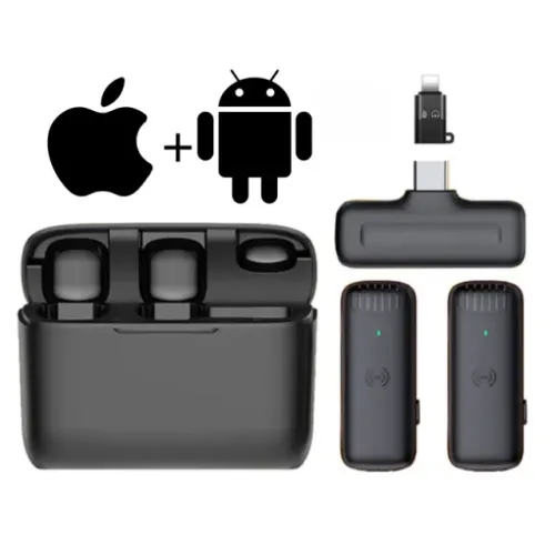 Microfone de Lapela Duplo Sem Fio Caixa de Carregamento USB-C Android + Adaptador Lightnin