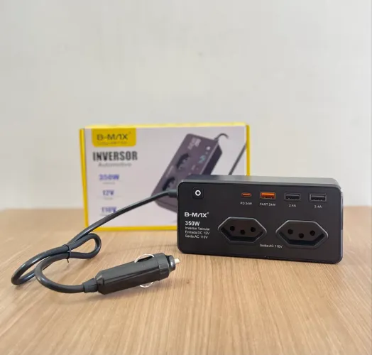 Inversor de carro 12V para 110V 350Watts com 02 tomadas + Entradas USB/ USBC