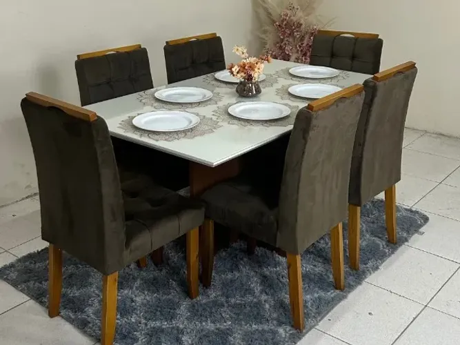 Mesa de Jantar Faby Tampo de Vidro 1.60×0.90 Com 6 Cadeiras em Madeira Mac- Entrega Rápida