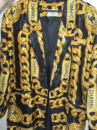 Blazer/terno antigo/vintage Chanel "Chain" (correntes) em seda (com alguns danos) anos 80
