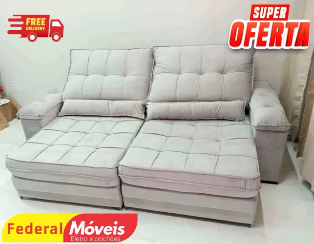 Sofá Retrátil 2,10m Bege 22cm de Pilow Confortável - Entregamos