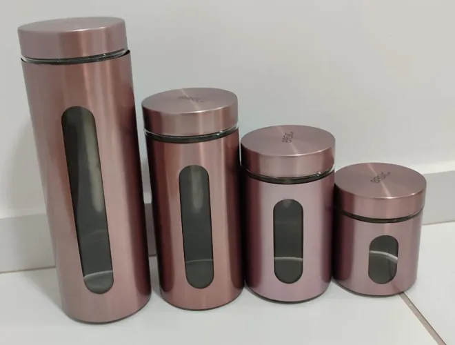 Porta Mantimentos Em Aço Inox E Vidro 4 Peças Rose Gold - Basic+