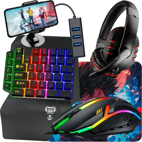 Kit Gamer Mobilador P/ Celular Teclado One Hand E Mouse Led