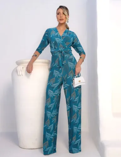Macacão Longo Dulce Color Le Dress Estampa Folhas Petróleo - Usado 1x - Tam P (40)