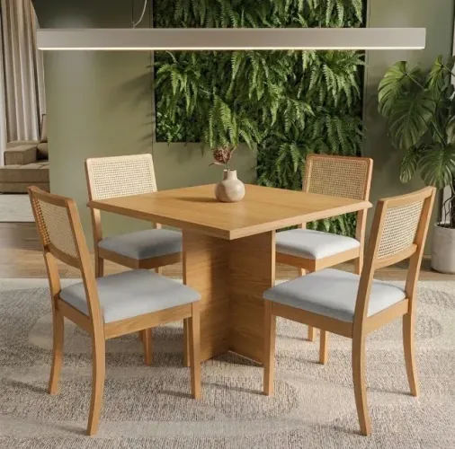 Conjunto de Jantar Siena 4 Lugares Imbuia Mel com Cadeiras Linho Gelo e Encosto em Tela
