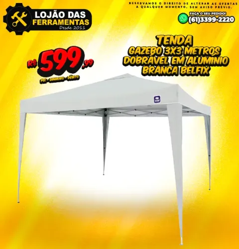 Tenda Gazebo 3x3 Metros Dobrável em Alumínio Branca Belfix