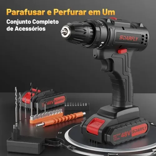 Parafusadeira/Furadeira 48V Soarfly - 2 Baterias + Kit 24 Peças